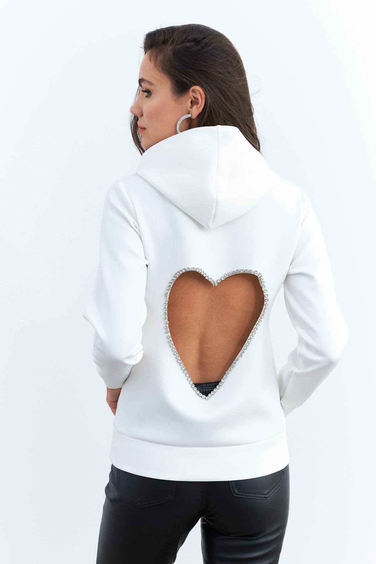 Kadın Beyaz Sırt Dekolteli Taşlı Sweatshirt BTH15
