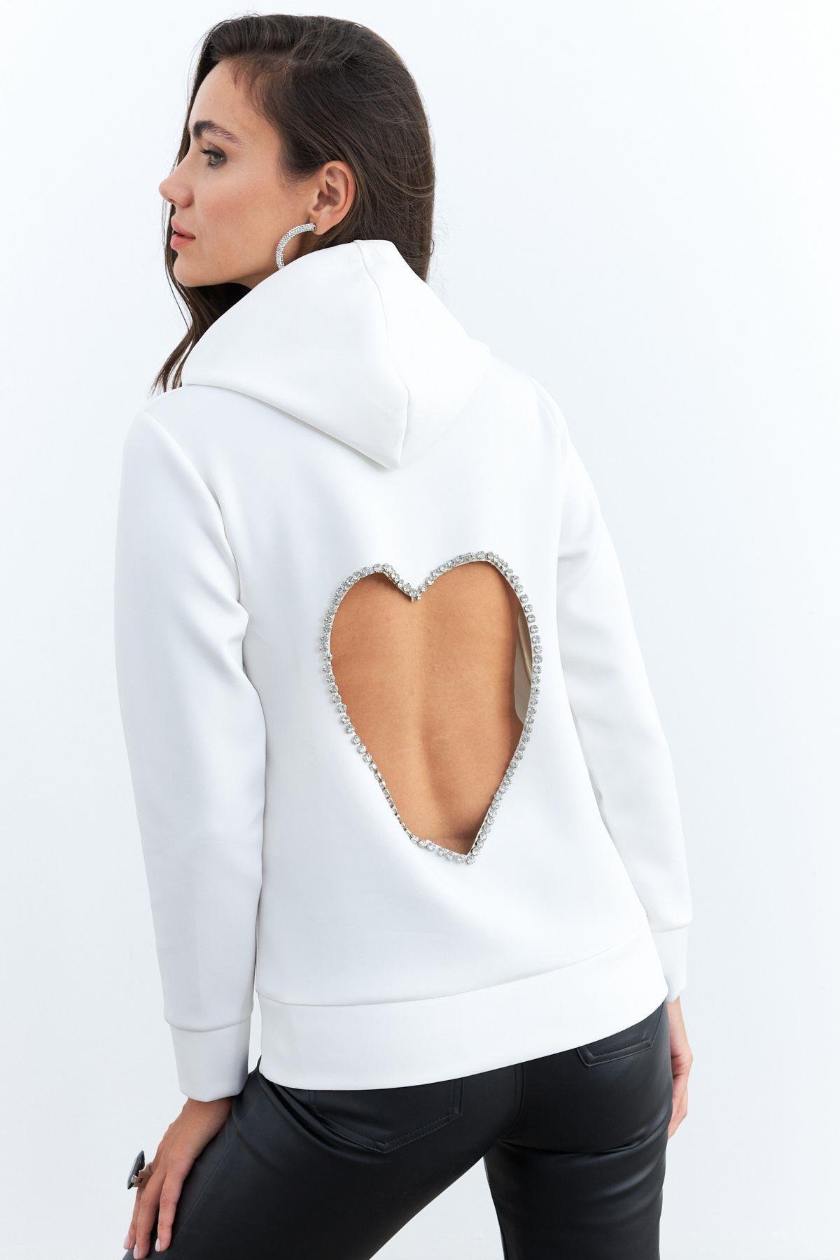 Kadın Beyaz Sırt Dekolteli Taşlı Sweatshirt BTH15