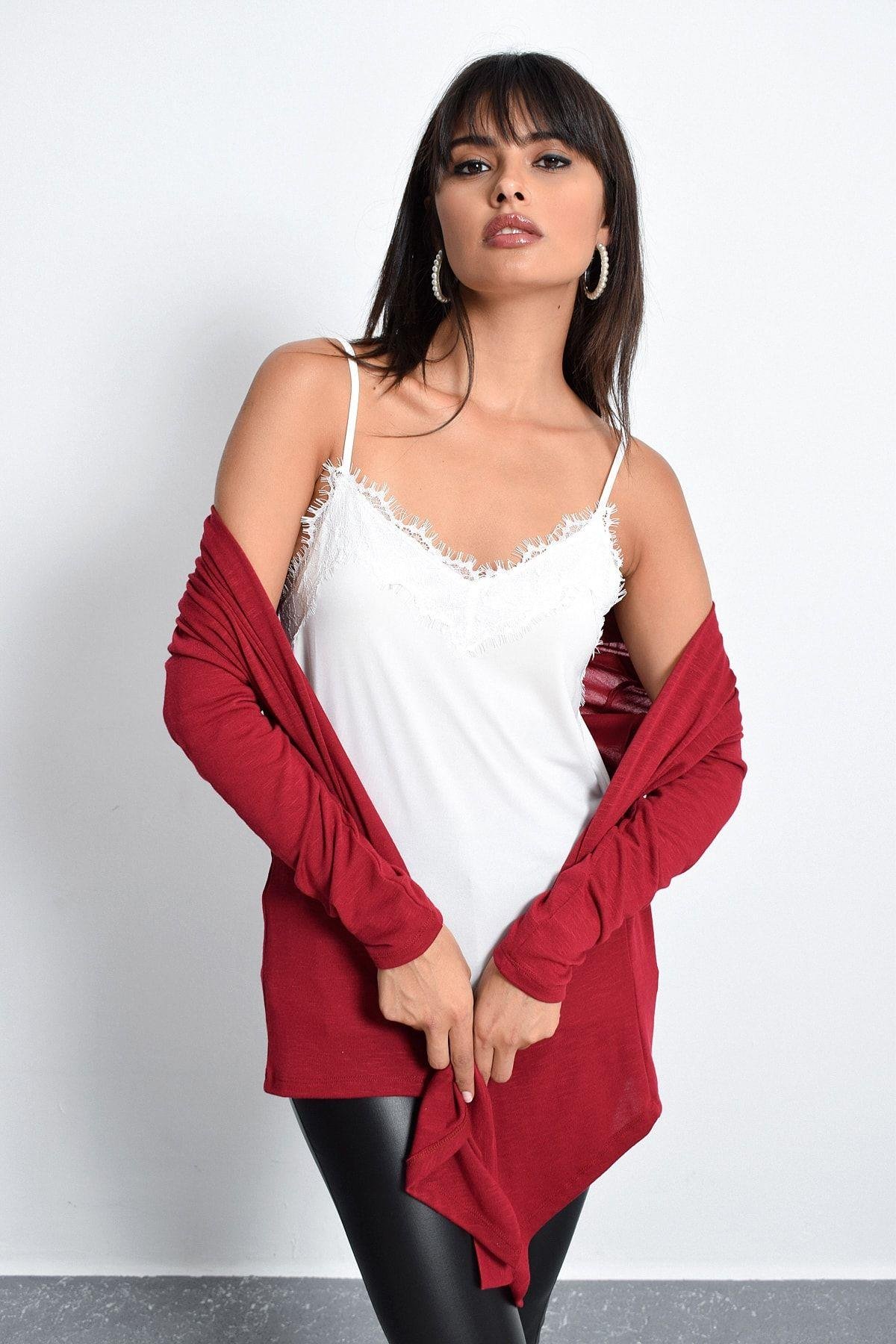 Kadın Beyaz-Siyah Dantelli Atlet LPP5008