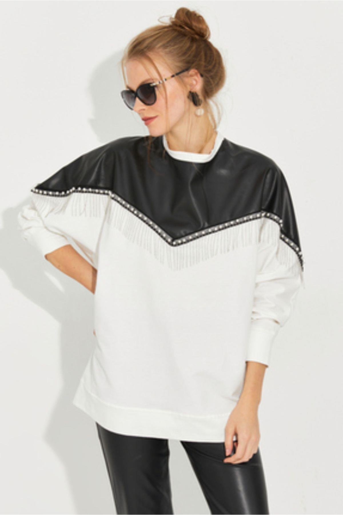 Kadın Beyaz Suni Deri Bloklu Sweatshirt PKA806