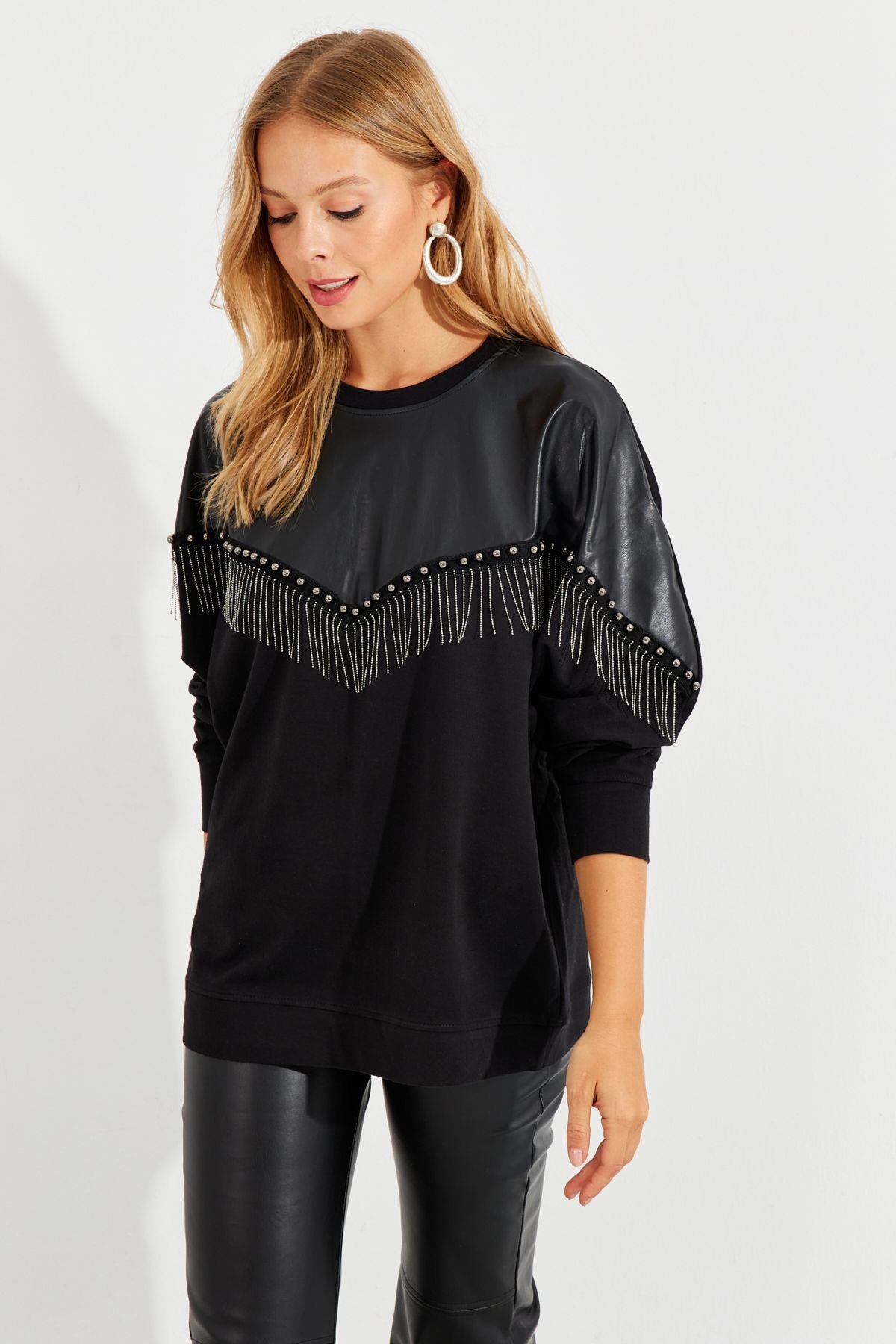 Kadın Beyaz Suni Deri Bloklu Sweatshirt PKA806