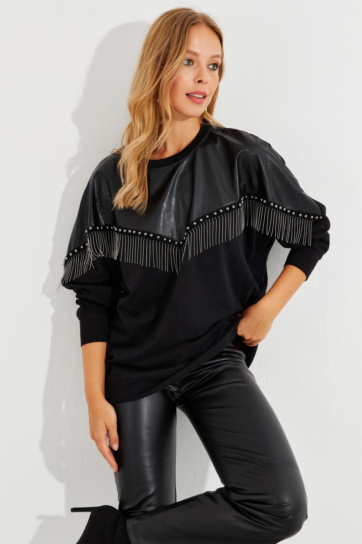 Kadın Beyaz Suni Deri Bloklu Sweatshirt PKA806