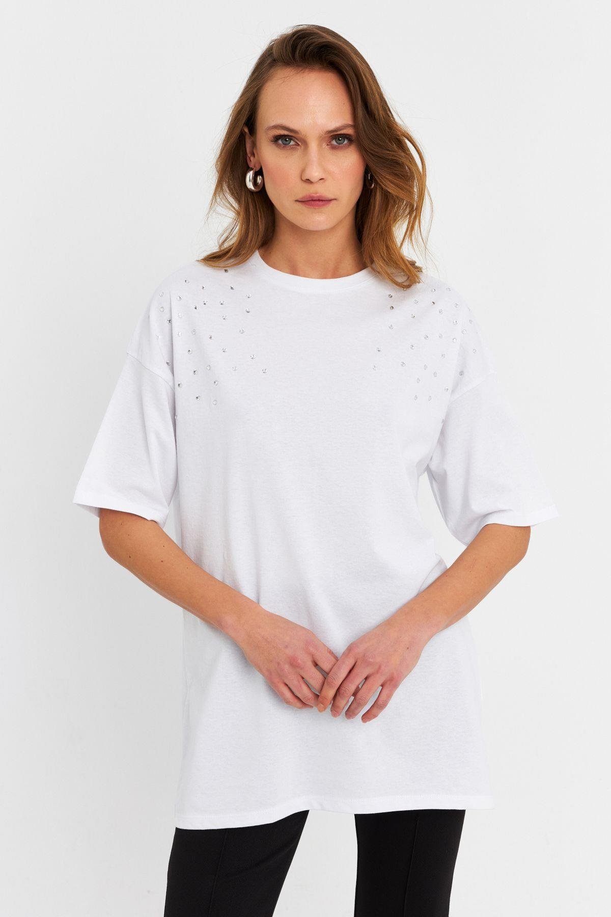 Kadın Beyaz Taşlı Salaş T-Shirt MTF0002