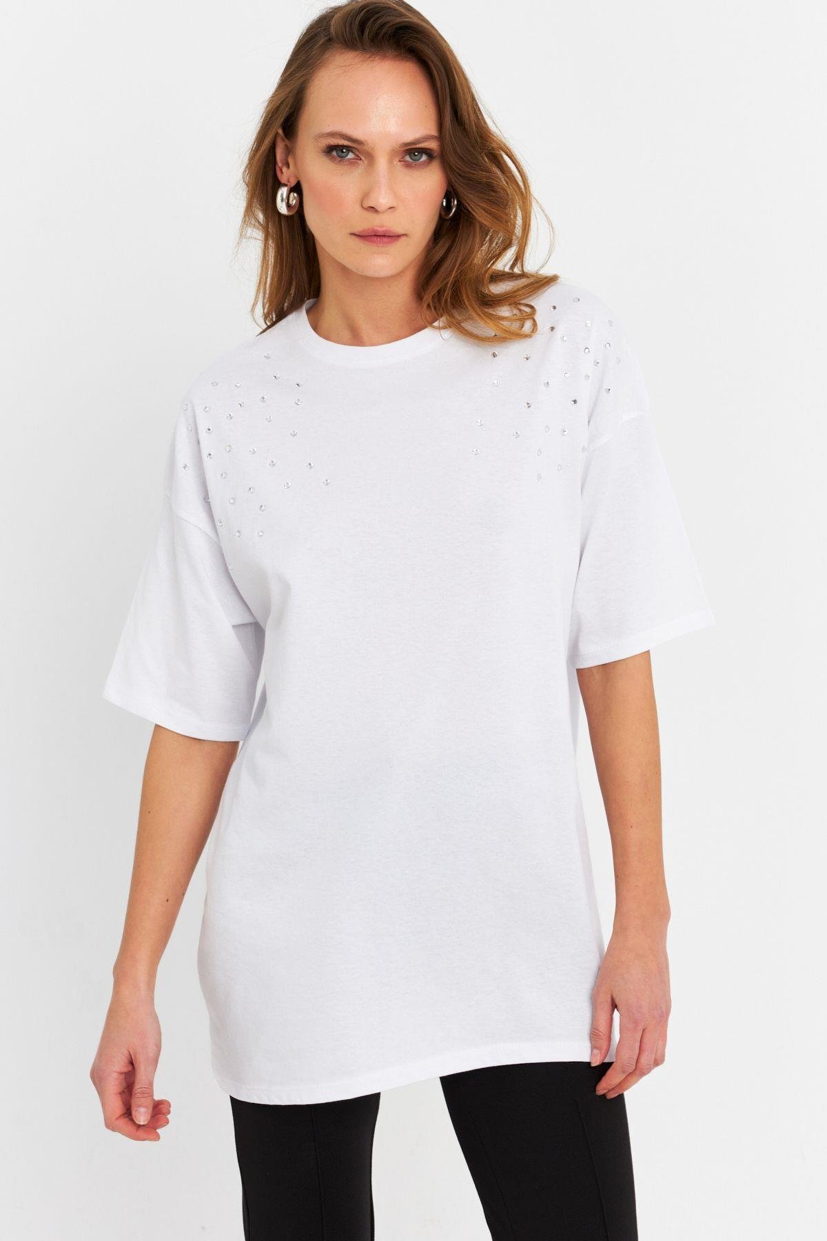 Kadın Beyaz Taşlı Salaş T-Shirt MTF0002