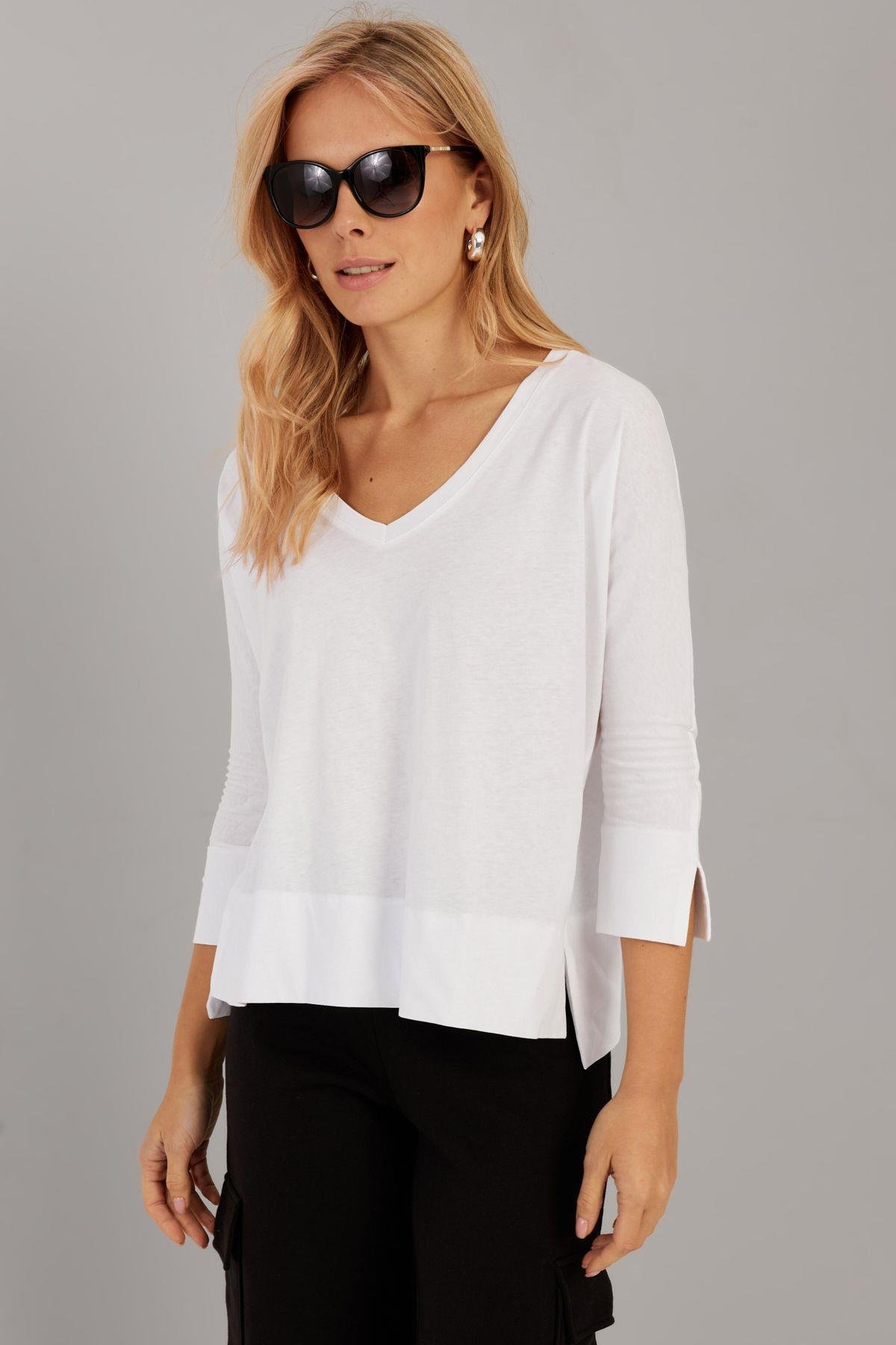 Kadın Beyaz V Yaka T-Shirt LPP1267