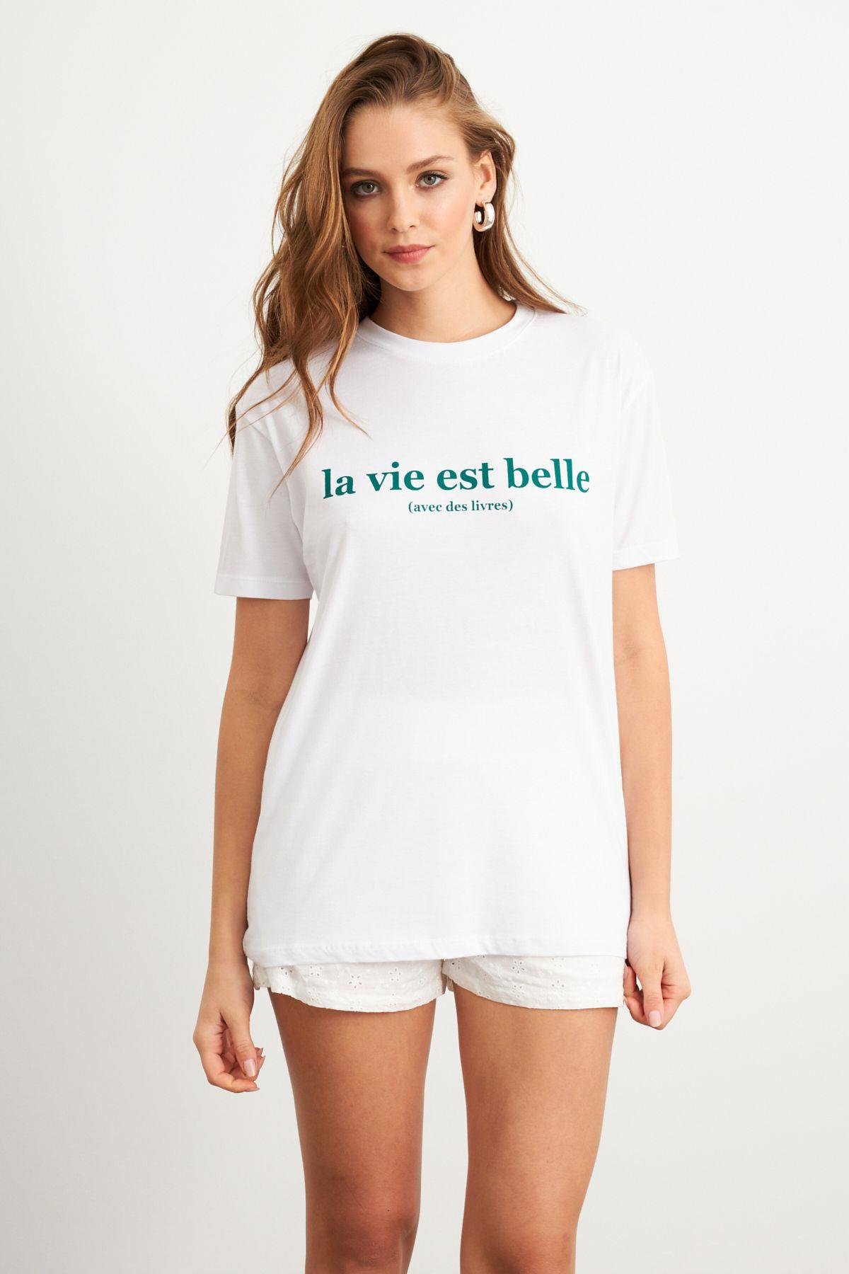 Kadın Beyaz-Yeşil Baskılı Pijama T-Shirt AYD411