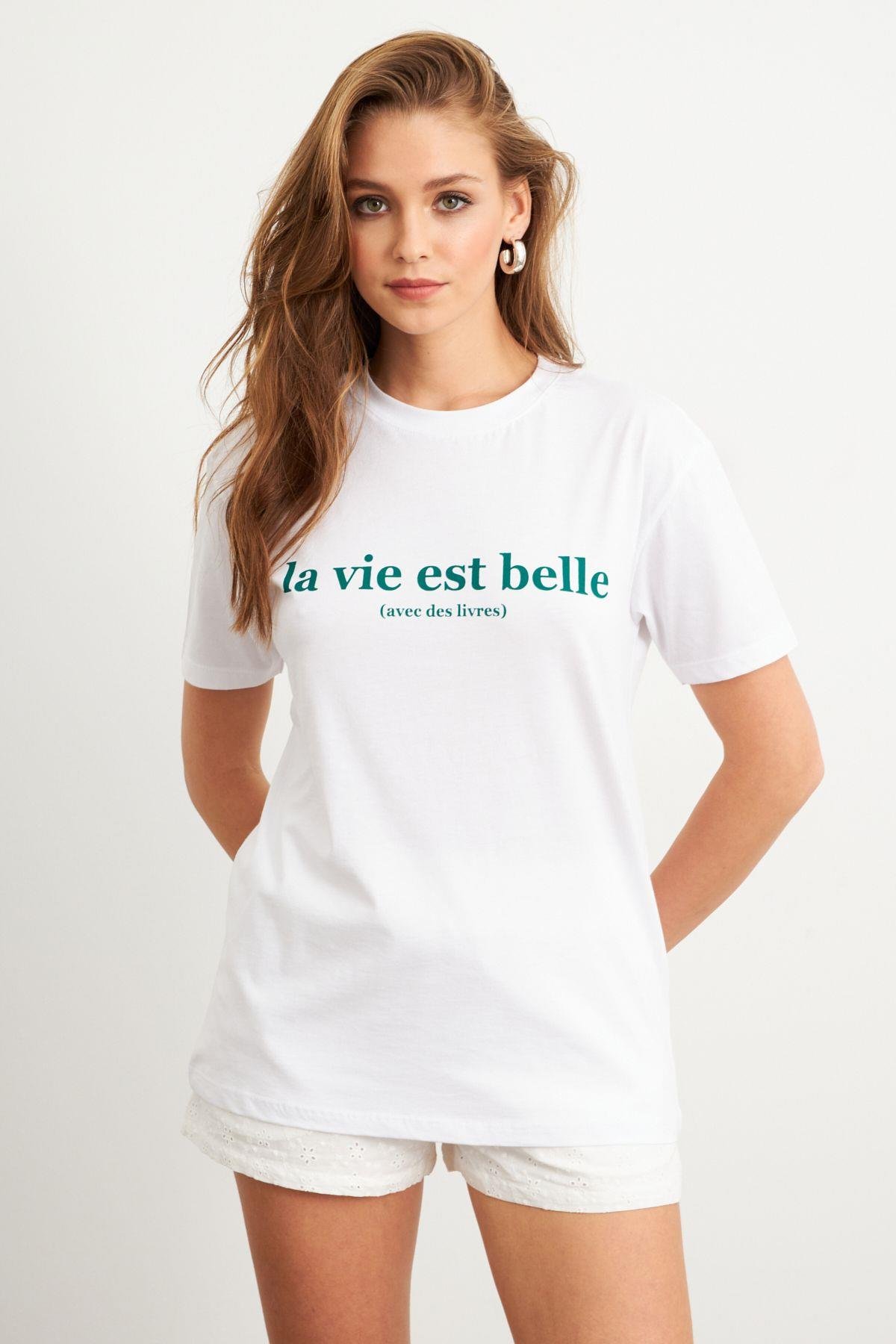 Kadın Beyaz-Yeşil Baskılı Pijama T-Shirt AYD411