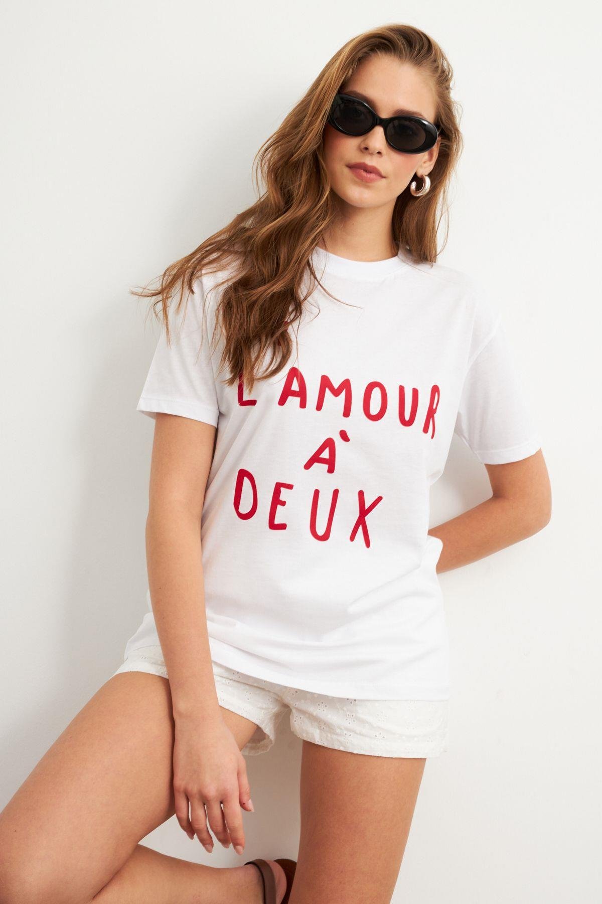 Kadın Beyaz-Yeşil Baskılı Pijama T-Shirt AYD411