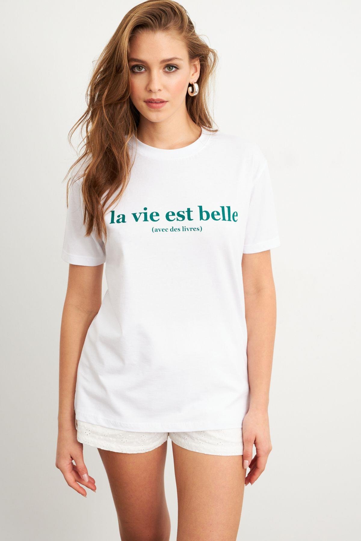 Kadın Beyaz-Yeşil Baskılı Pijama T-Shirt AYD411