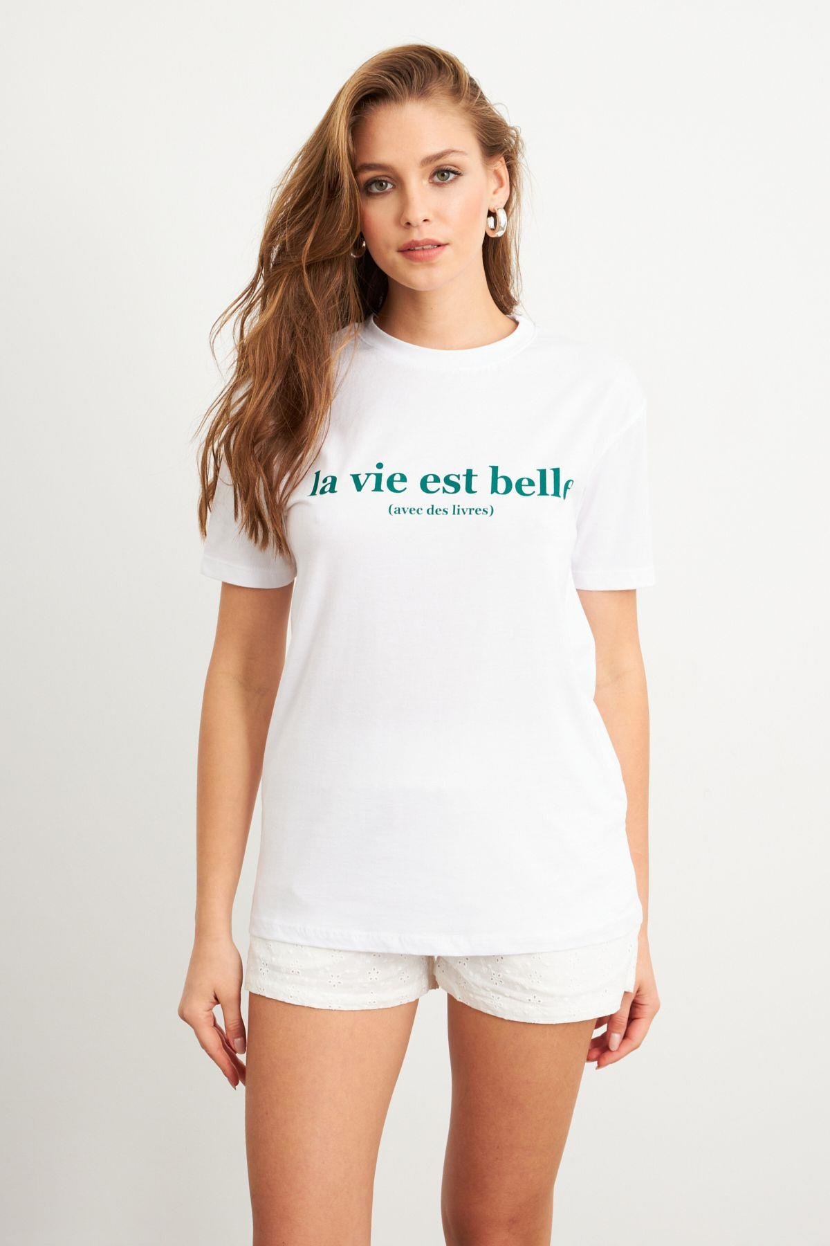 Kadın Beyaz-Yeşil Baskılı Pijama T-Shirt AYD411