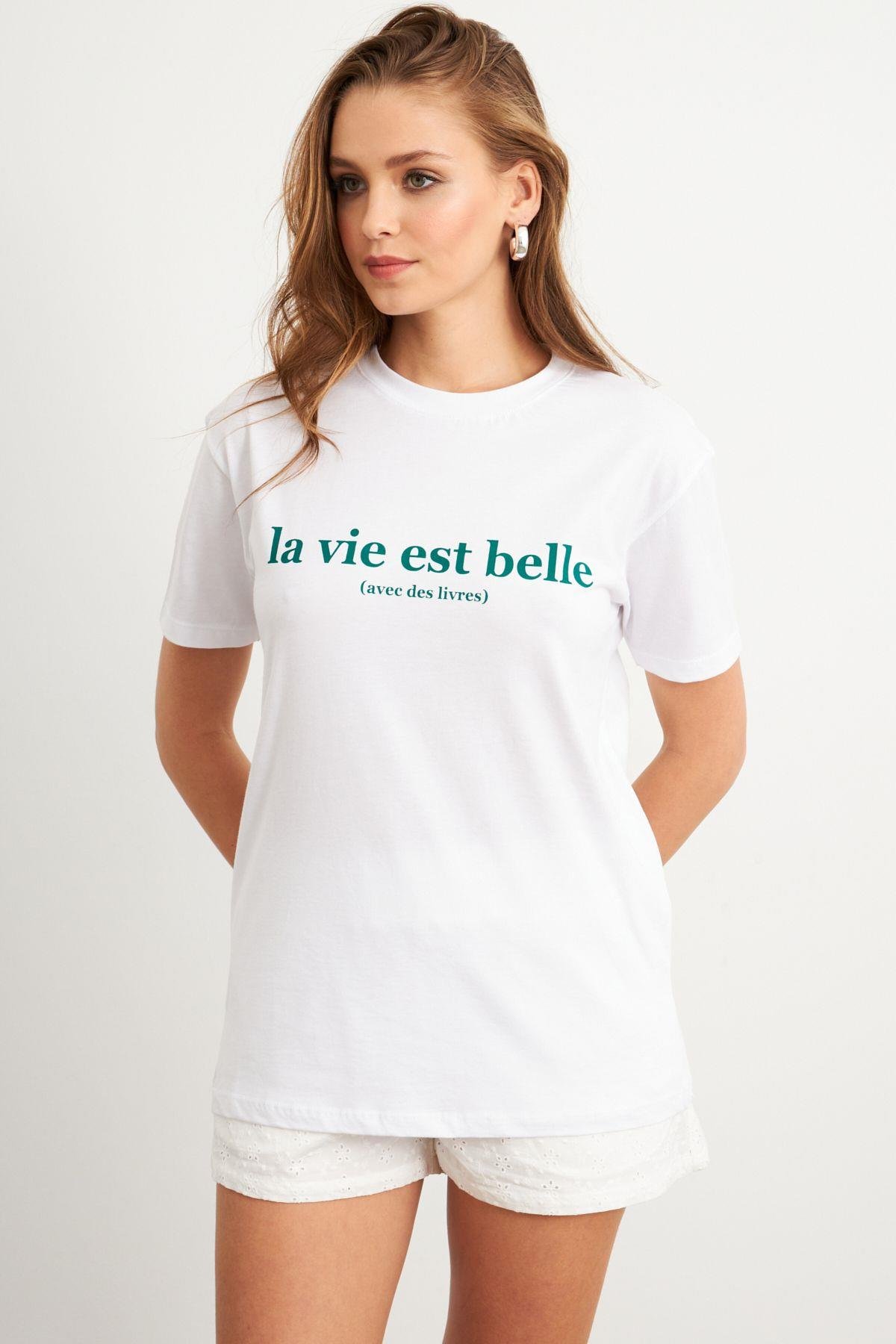 Kadın Beyaz-Yeşil Baskılı Pijama T-Shirt AYD411