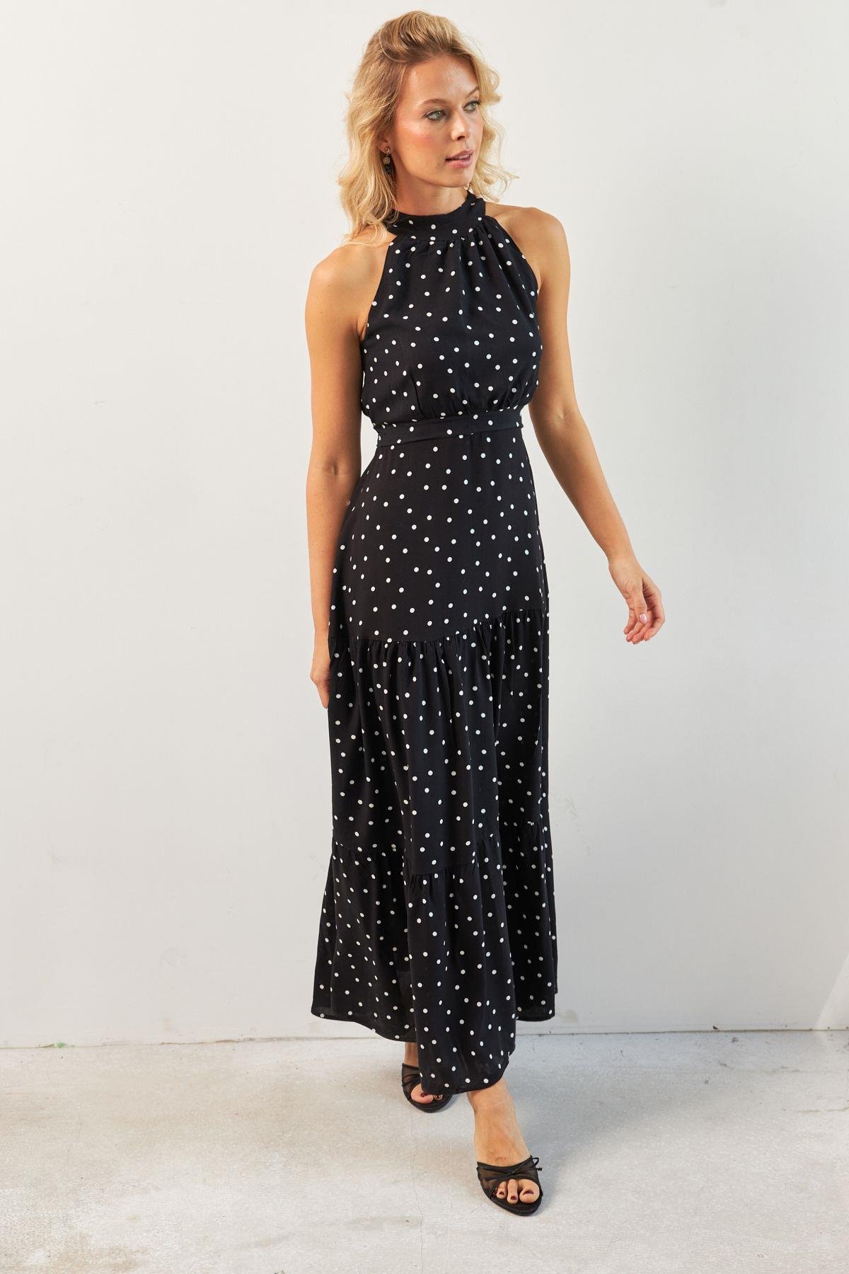 Kadın Beyaz Yırtmaçlı Puantiyeli Midi Elbise KED4233