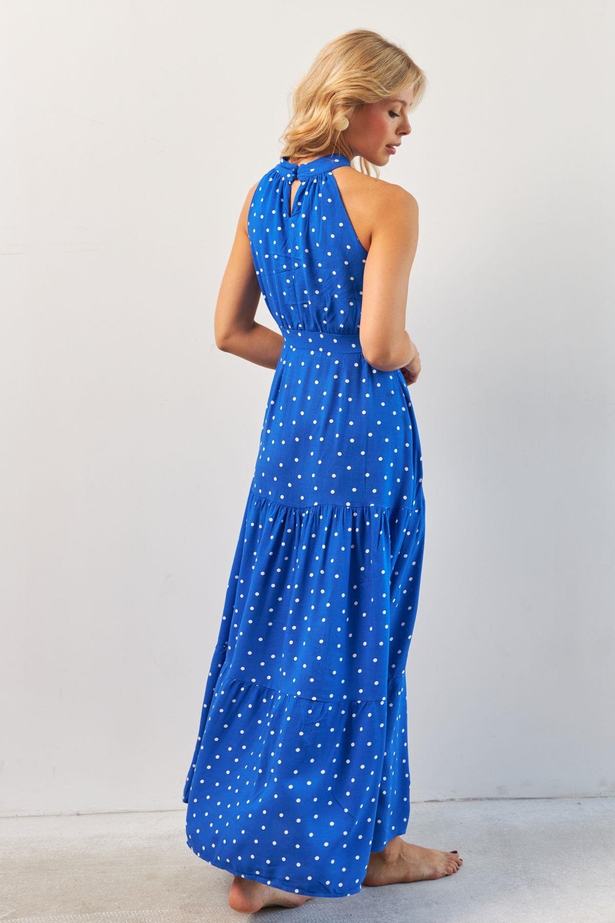 Kadın Beyaz Yırtmaçlı Puantiyeli Midi Elbise KED4233