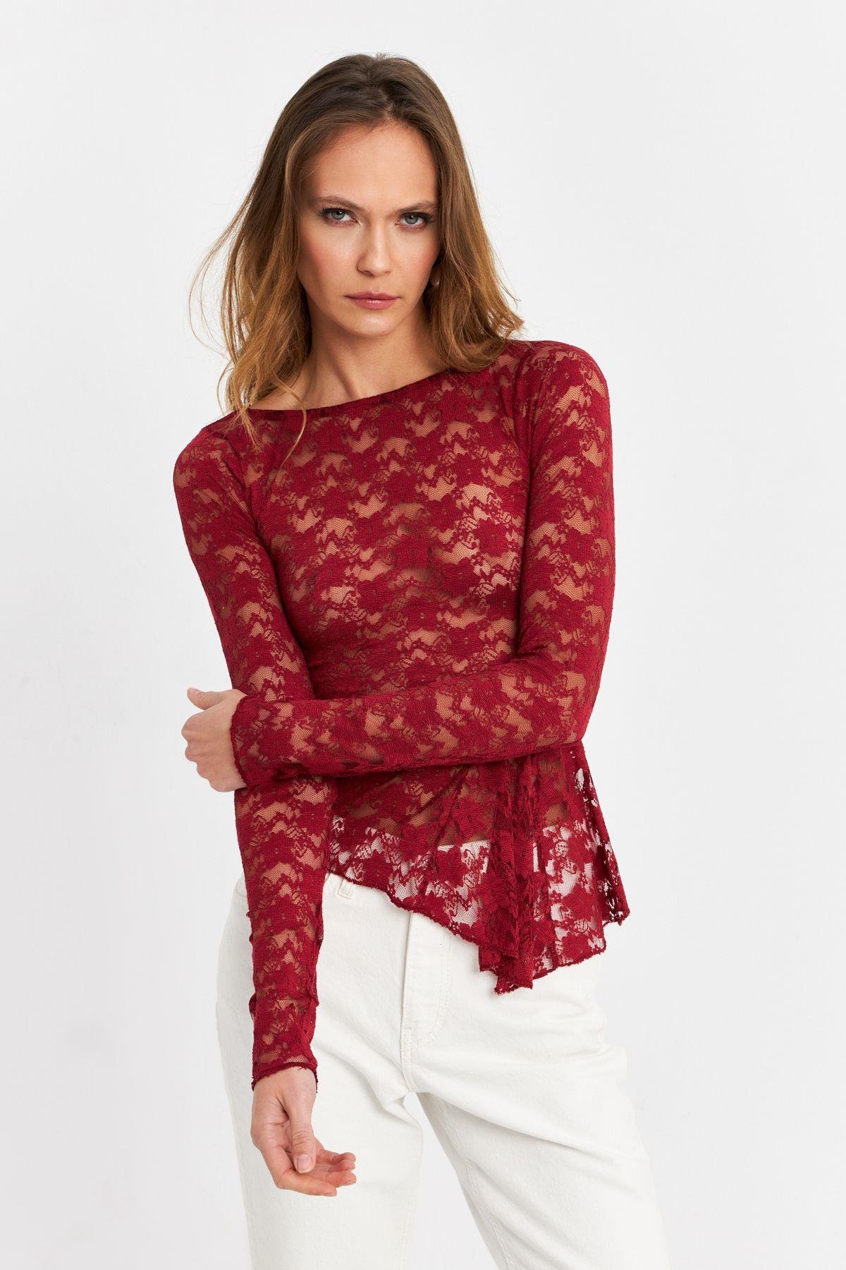 Kadın Bordo Asimetrik Dantel Bluz MTK13288