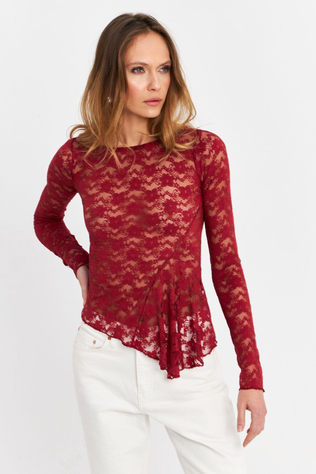 Kadın Bordo Asimetrik Dantel Bluz MTK13288