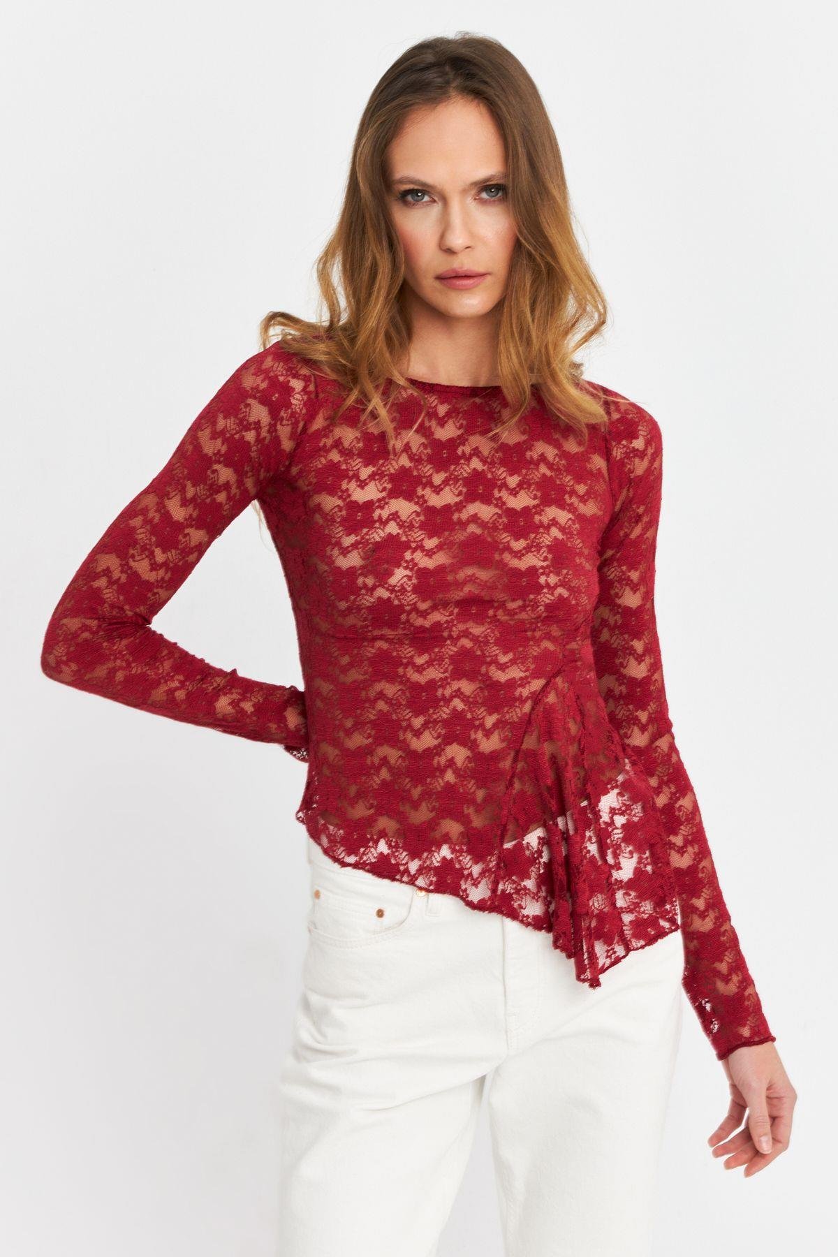Kadın Bordo Asimetrik Dantel Bluz MTK13288
