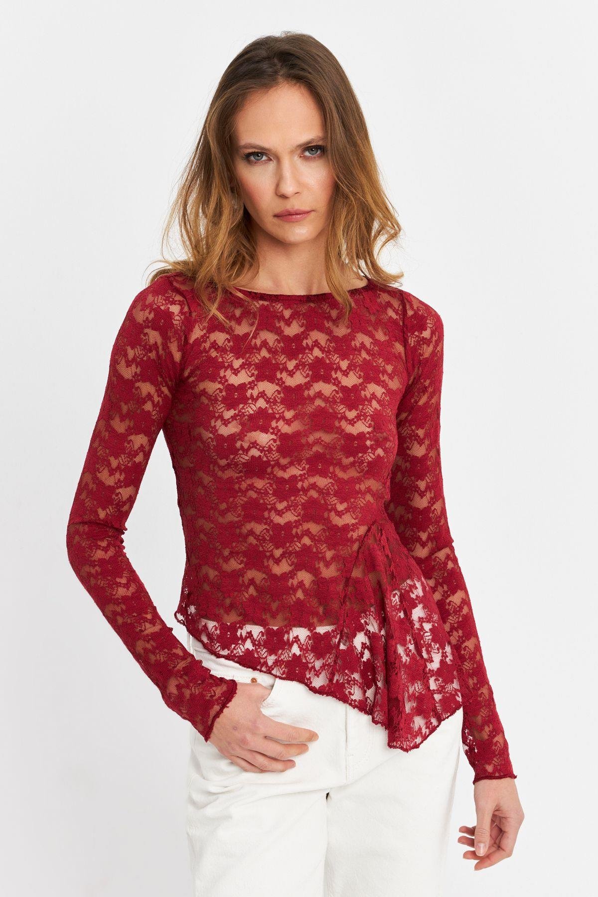 Kadın Bordo Asimetrik Dantel Bluz MTK13288