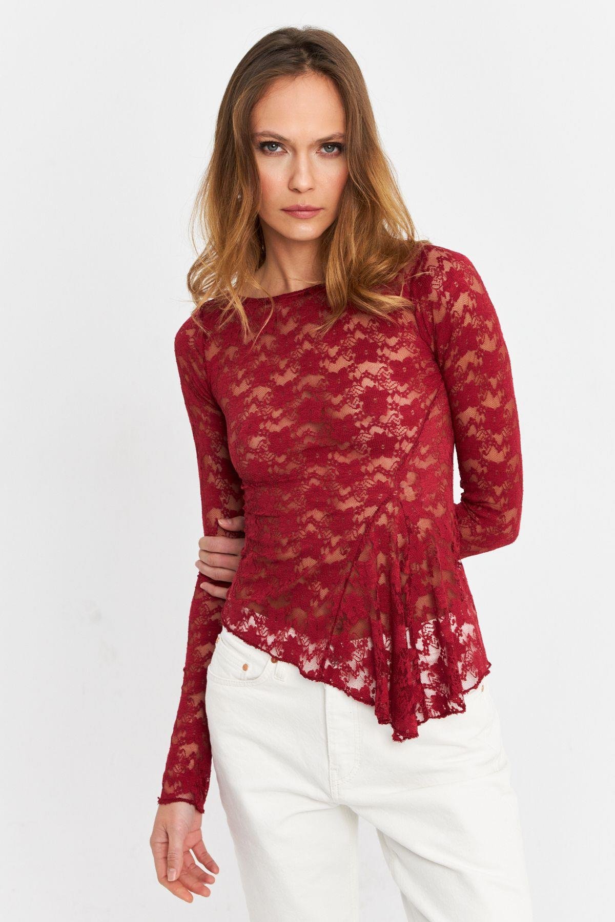 Kadın Bordo Asimetrik Dantel Bluz MTK13288