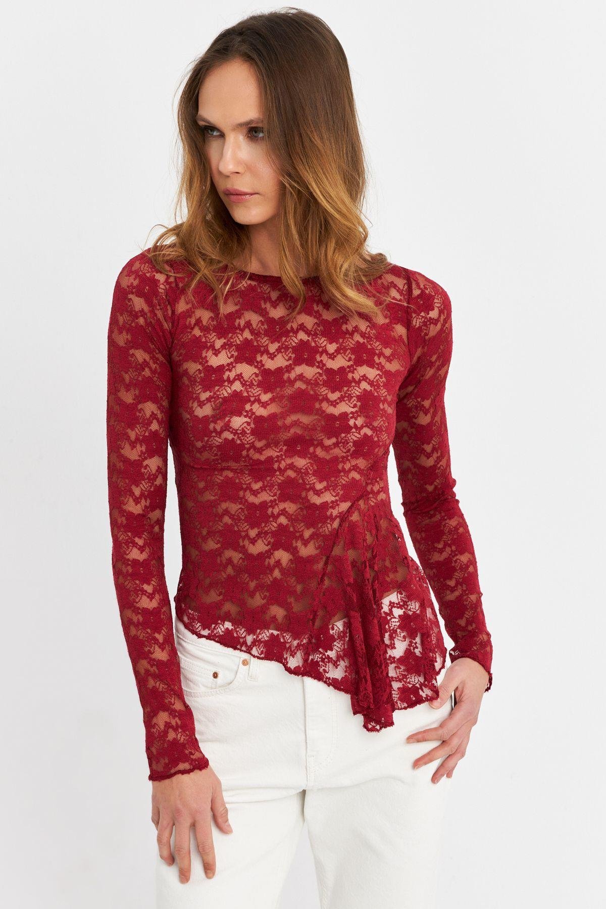 Kadın Bordo Asimetrik Dantel Bluz MTK13288