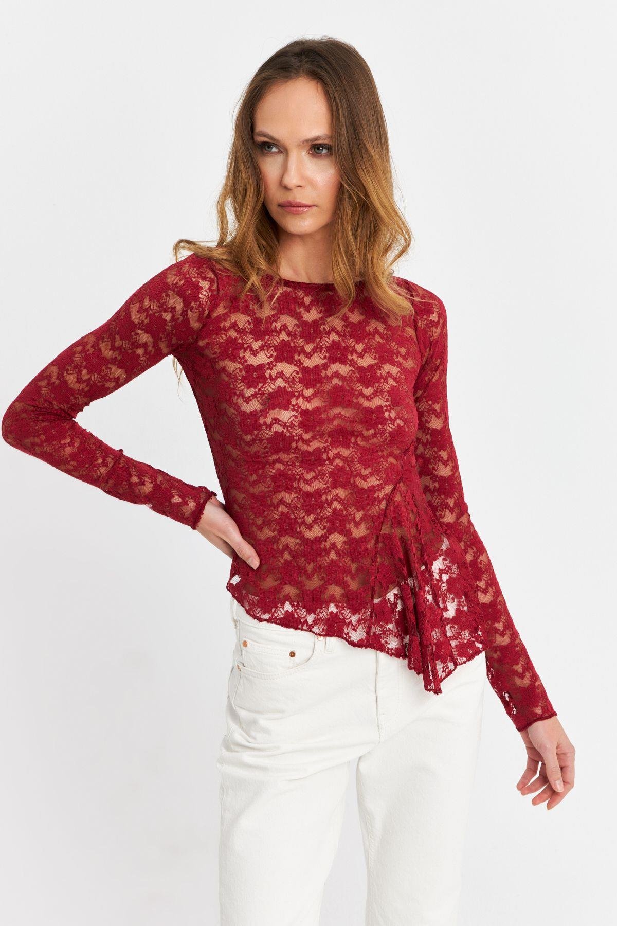 Kadın Bordo Asimetrik Dantel Bluz MTK13288