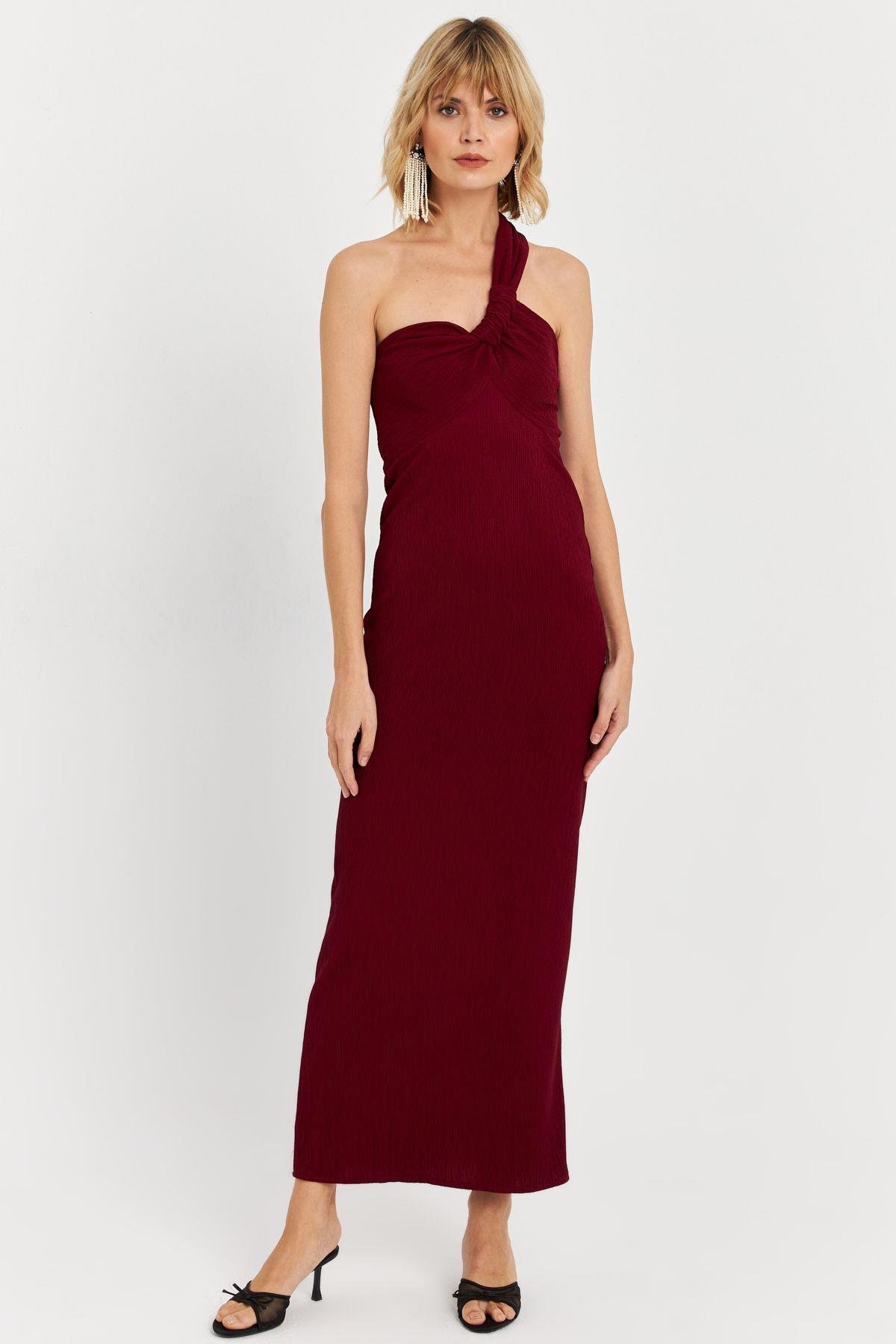 Kadın Bordo Asimetrik Yaka Maxi Elbise NH25455