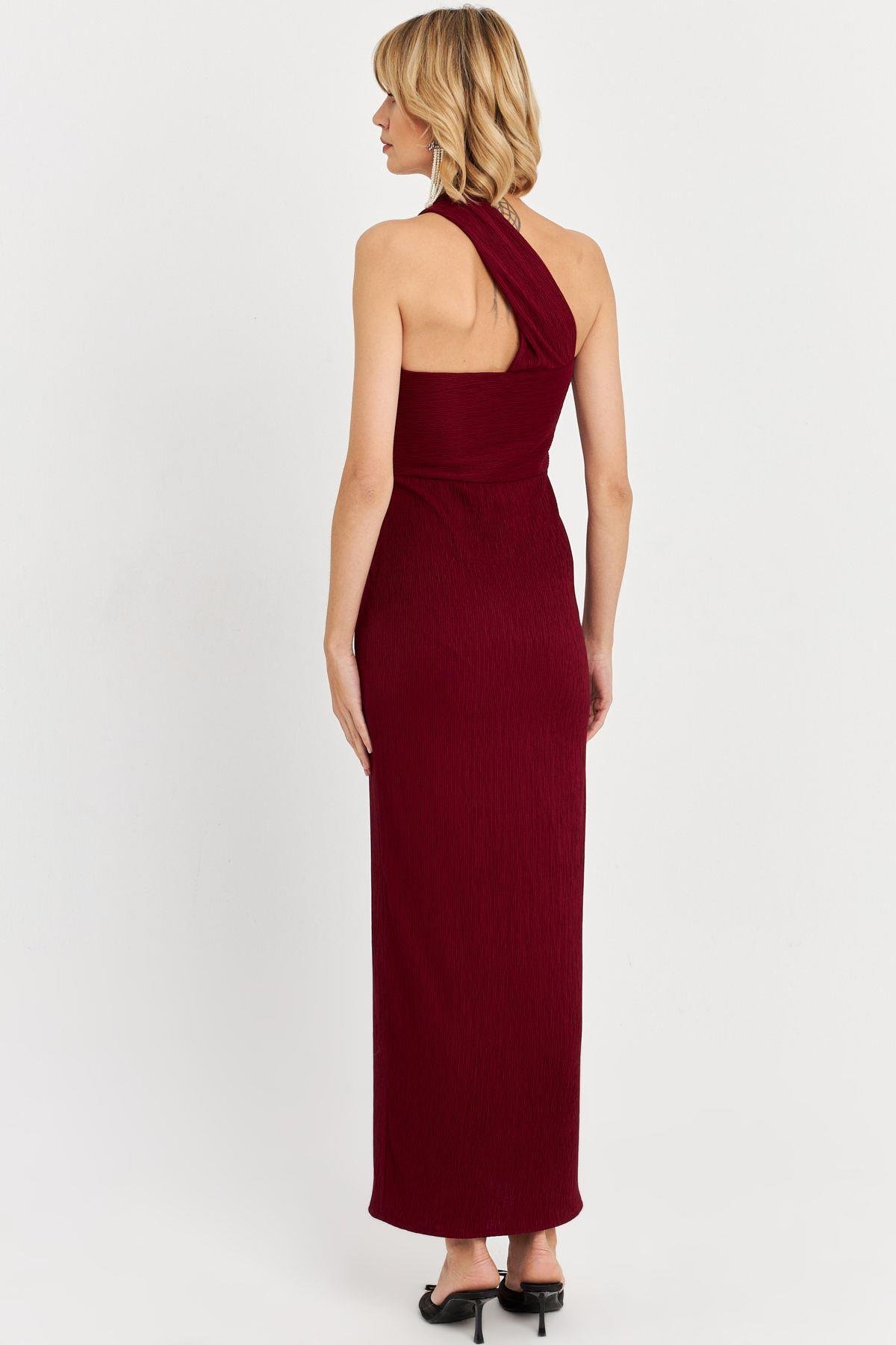 Kadın Bordo Asimetrik Yaka Maxi Elbise NH25455