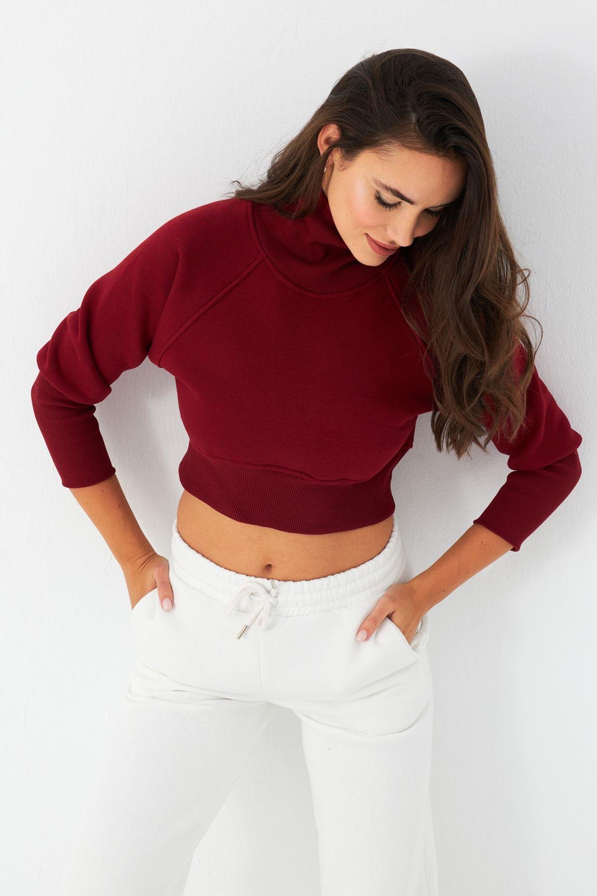 Kadın Bordo Balıkçı Crop Sweatshirt DY1469