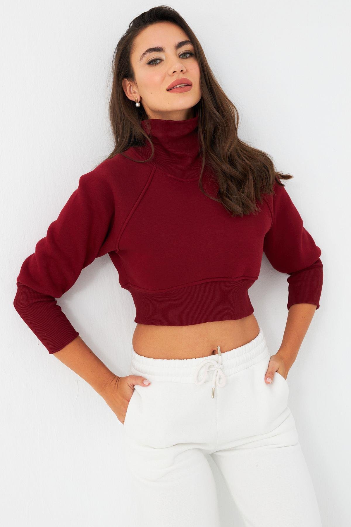 Kadın Bordo Balıkçı Crop Sweatshirt DY1469