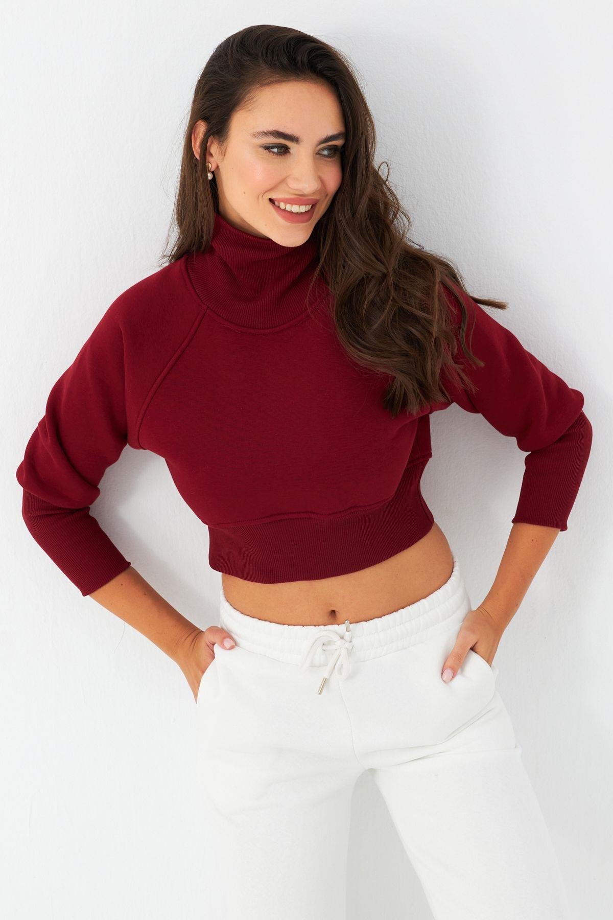 Kadın Bordo Balıkçı Crop Sweatshirt DY1469