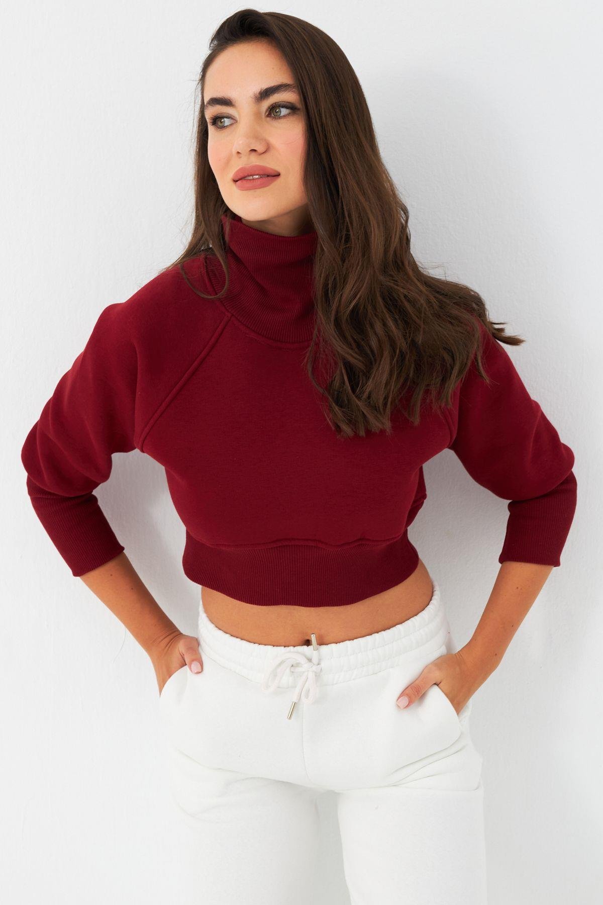 Kadın Bordo Balıkçı Crop Sweatshirt DY1469