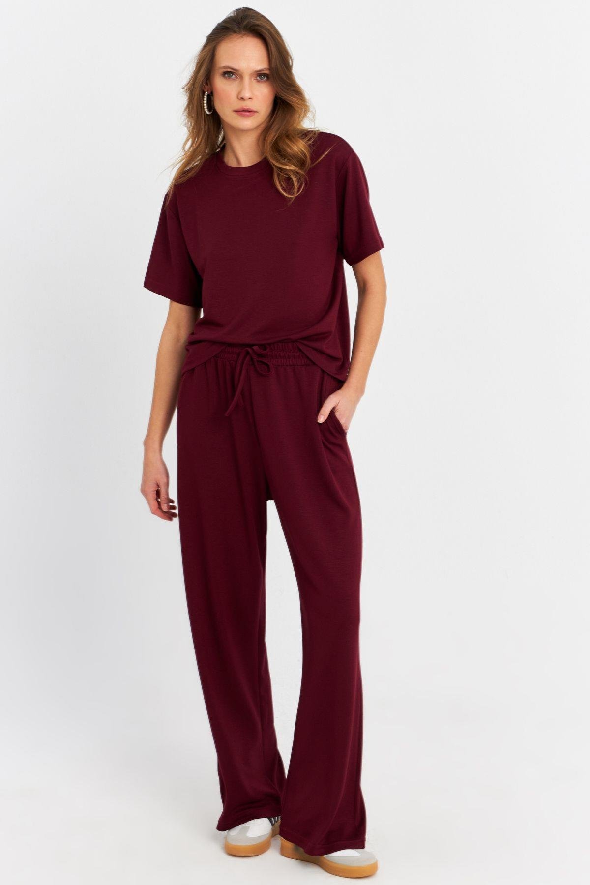 Kadın Bordo Basic Alt-Üst Pantolon Takım MRU6929