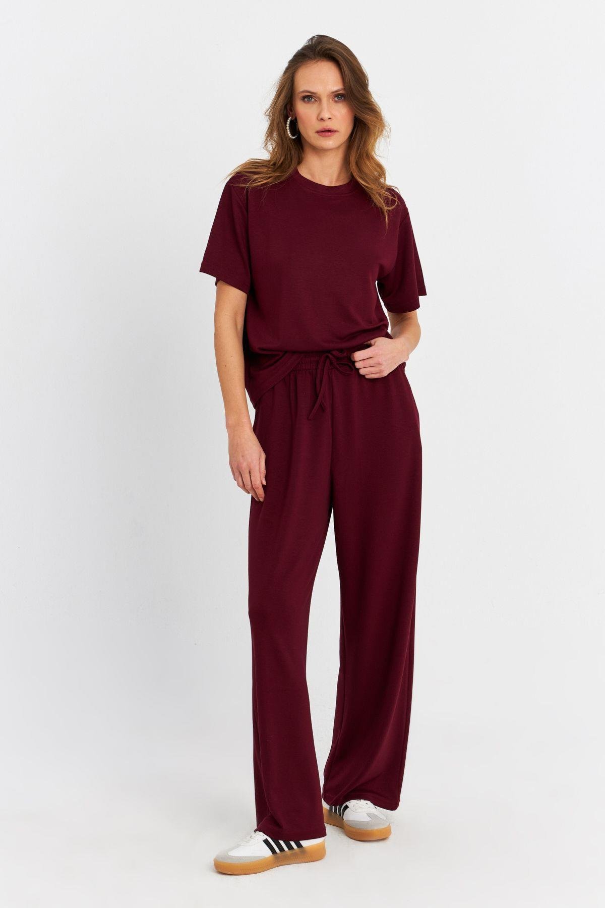 Kadın Bordo Basic Alt-Üst Pantolon Takım MRU6929