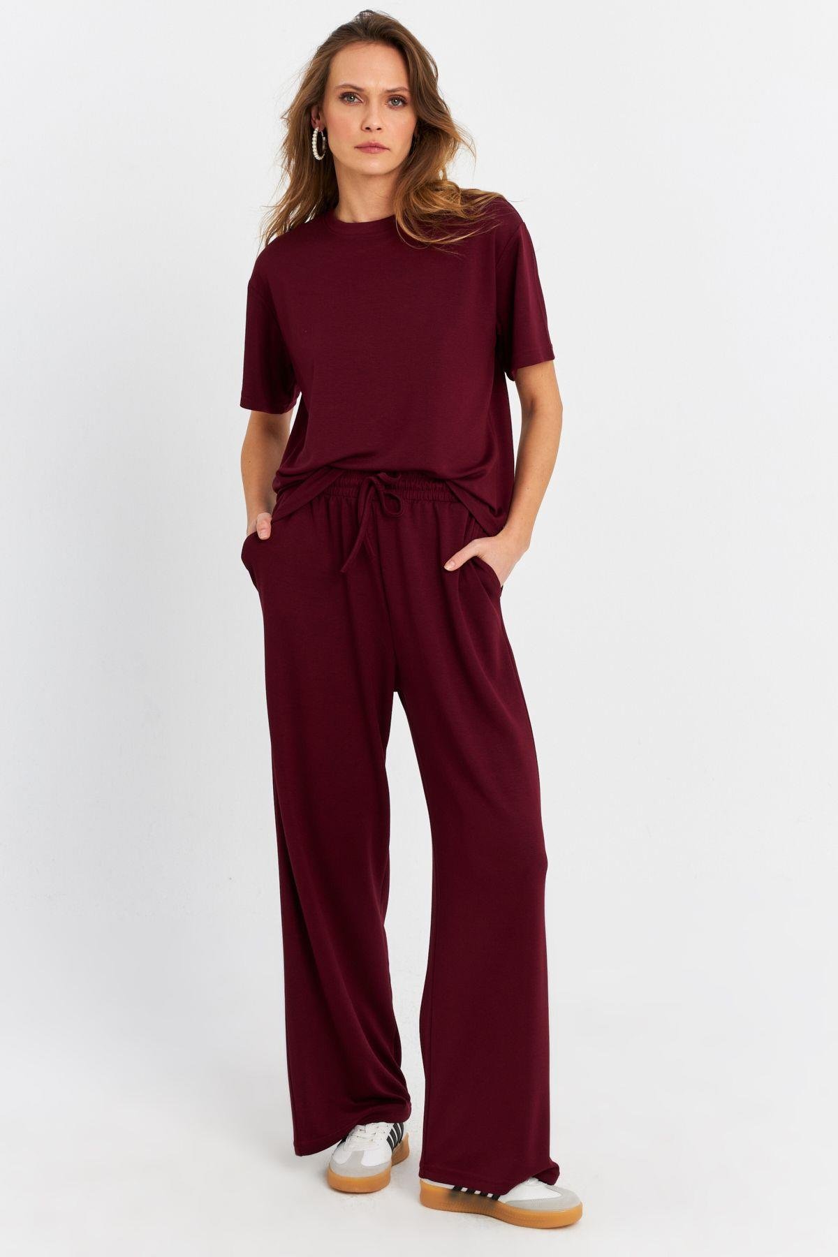 Kadın Bordo Basic Alt-Üst Pantolon Takım MRU6929