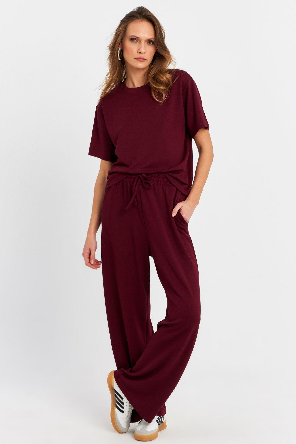 Kadın Bordo Basic Alt-Üst Pantolon Takım MRU6929