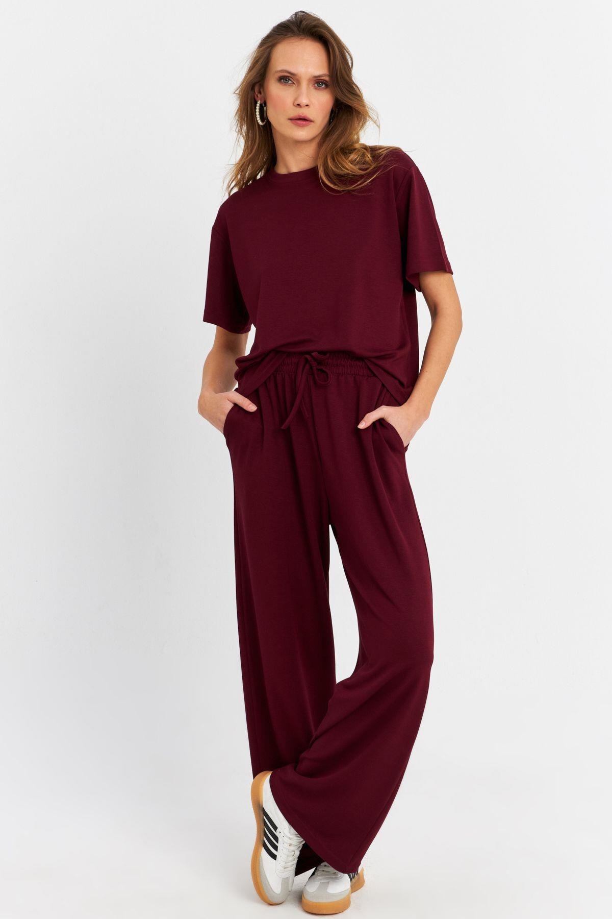 Kadın Bordo Basic Alt-Üst Pantolon Takım MRU6929