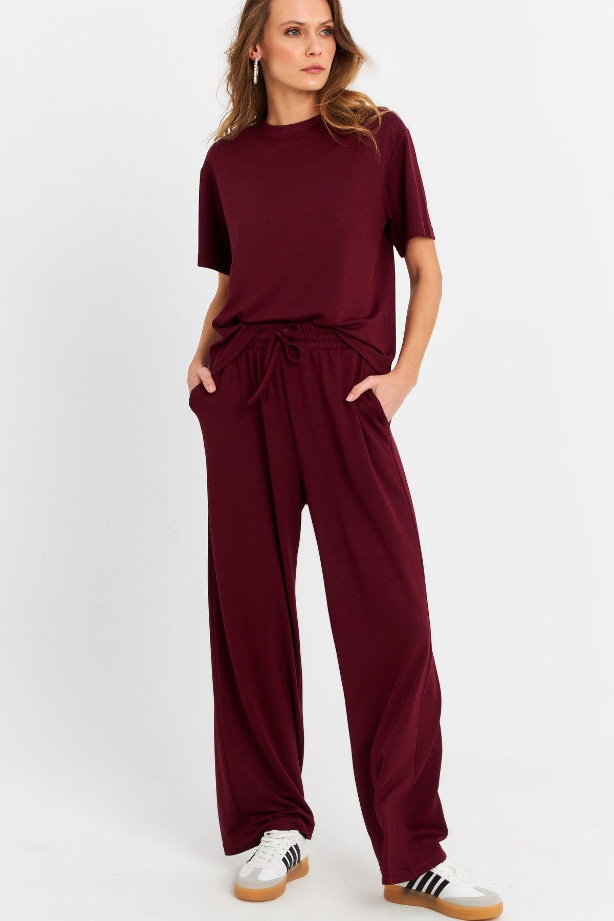 Kadın Bordo Basic Alt-Üst Pantolon Takım MRU6929