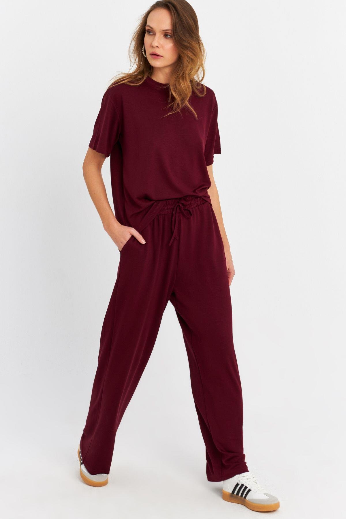 Kadın Bordo Basic Alt-Üst Pantolon Takım MRU6929
