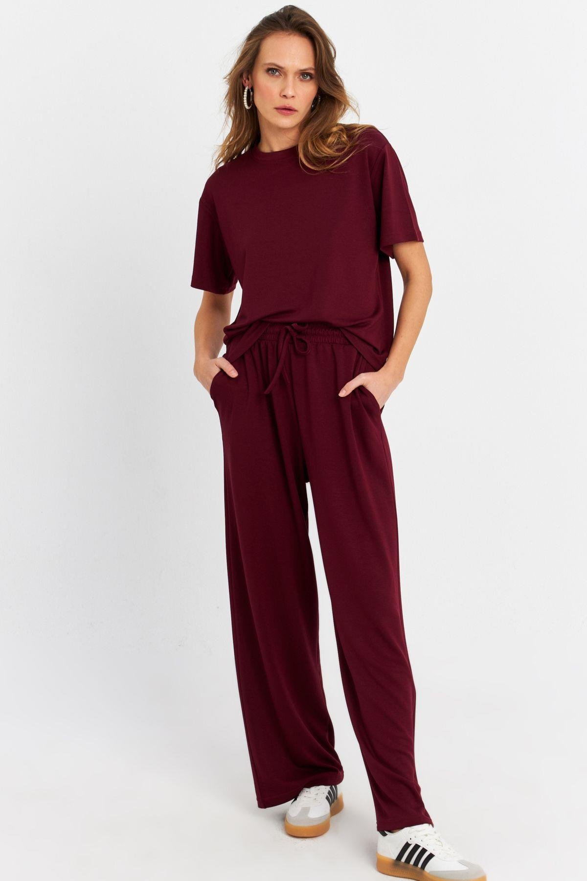 Kadın Bordo Basic Alt-Üst Pantolon Takım MRU6929