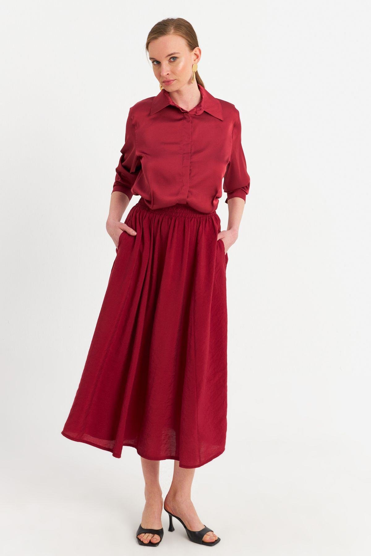 Kadın Bordo Cepli Midi Etek MSH20194