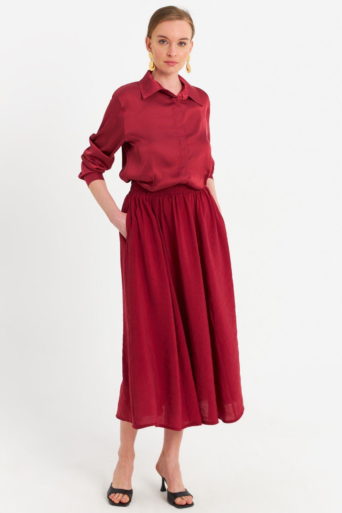 Kadın Bordo Cepli Midi Etek MSH20194