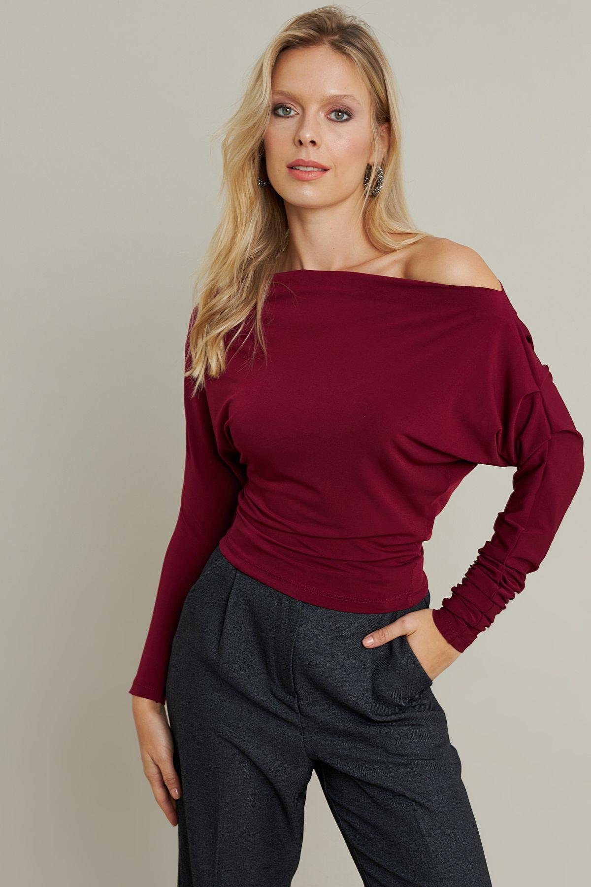 Kadın Bordo Degaje Yaka Bluz DMR382-1