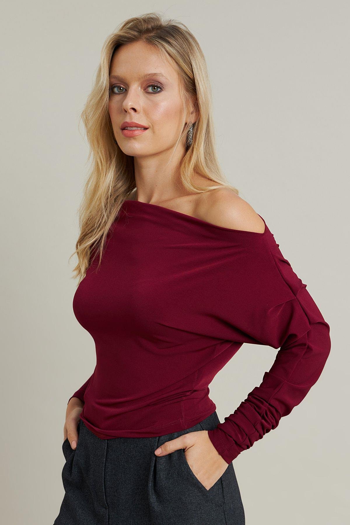 Kadın Bordo Degaje Yaka Bluz DMR382-1