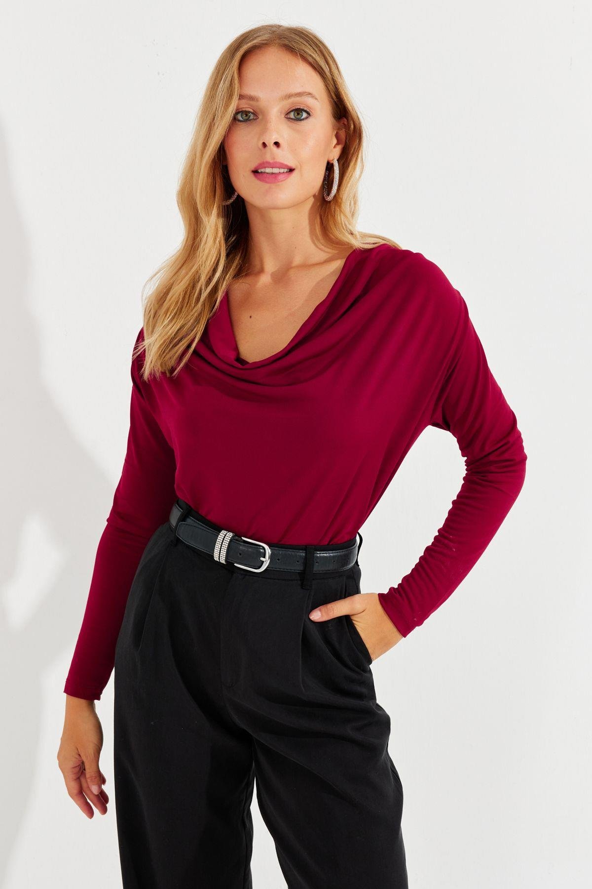 Kadın Bordo Degaje Yaka Bluz LPP1234