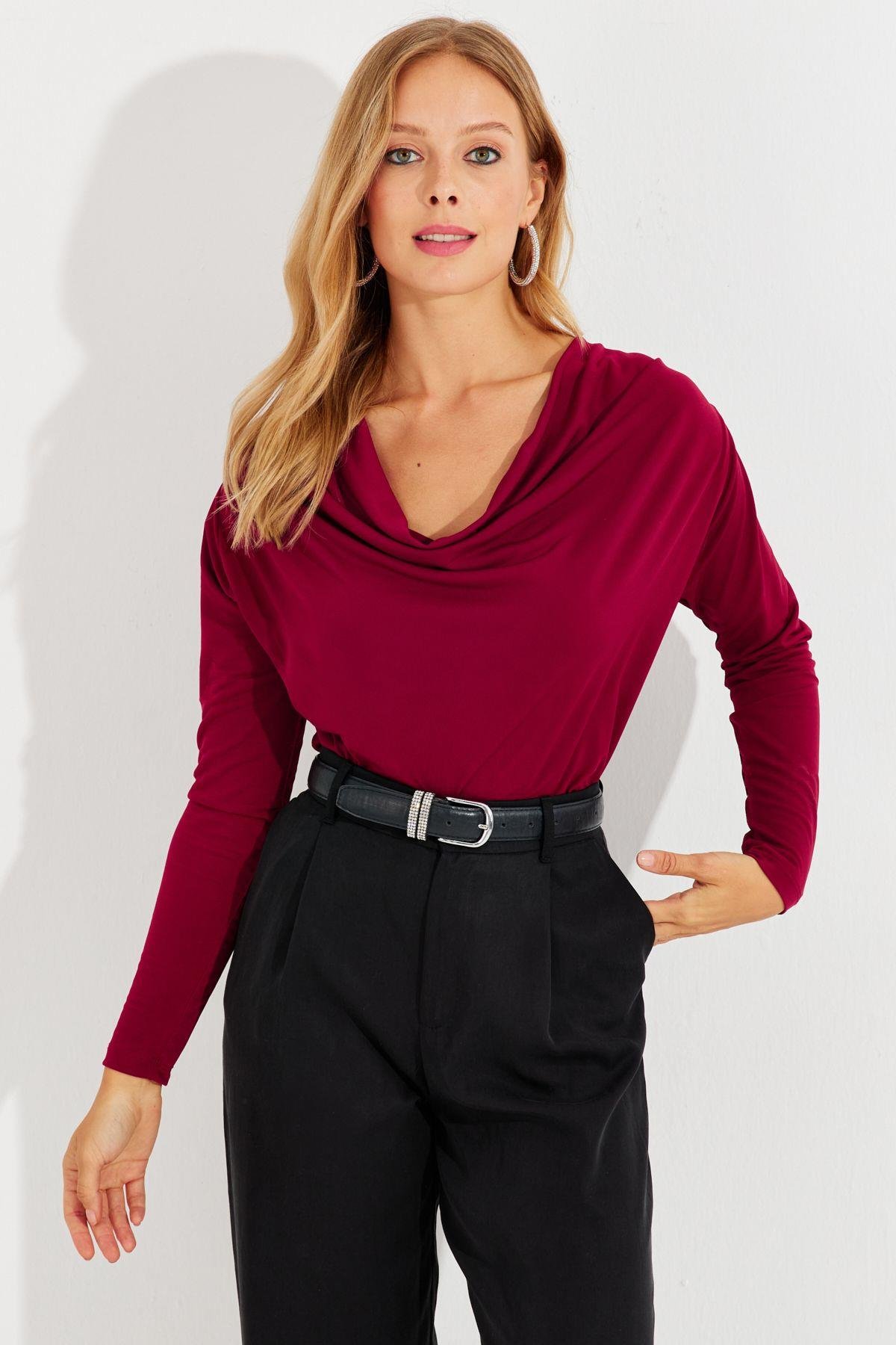 Kadın Bordo Degaje Yaka Bluz LPP1234