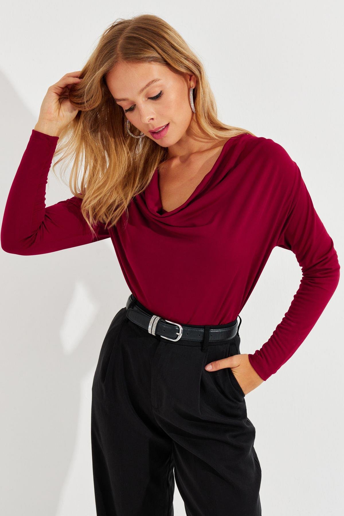 Kadın Bordo Degaje Yaka Bluz LPP1234