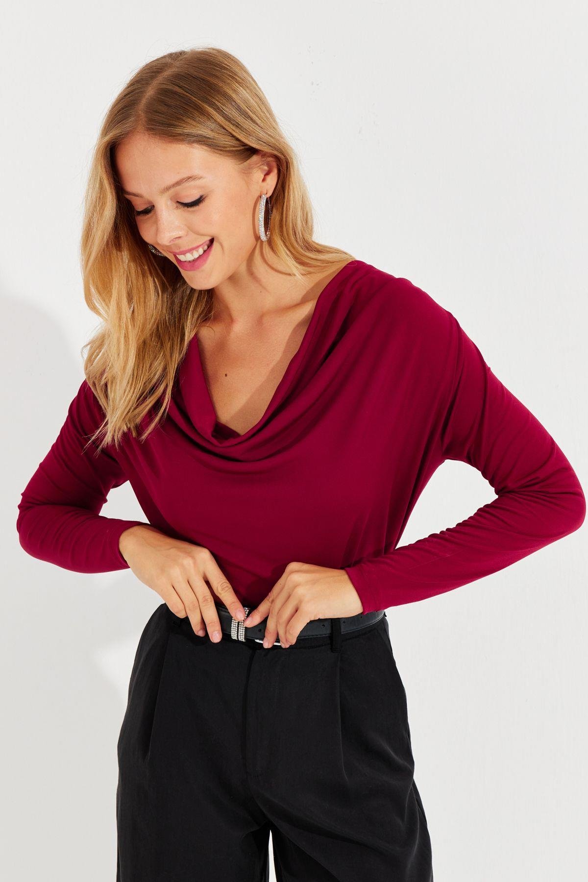 Kadın Bordo Degaje Yaka Bluz LPP1234