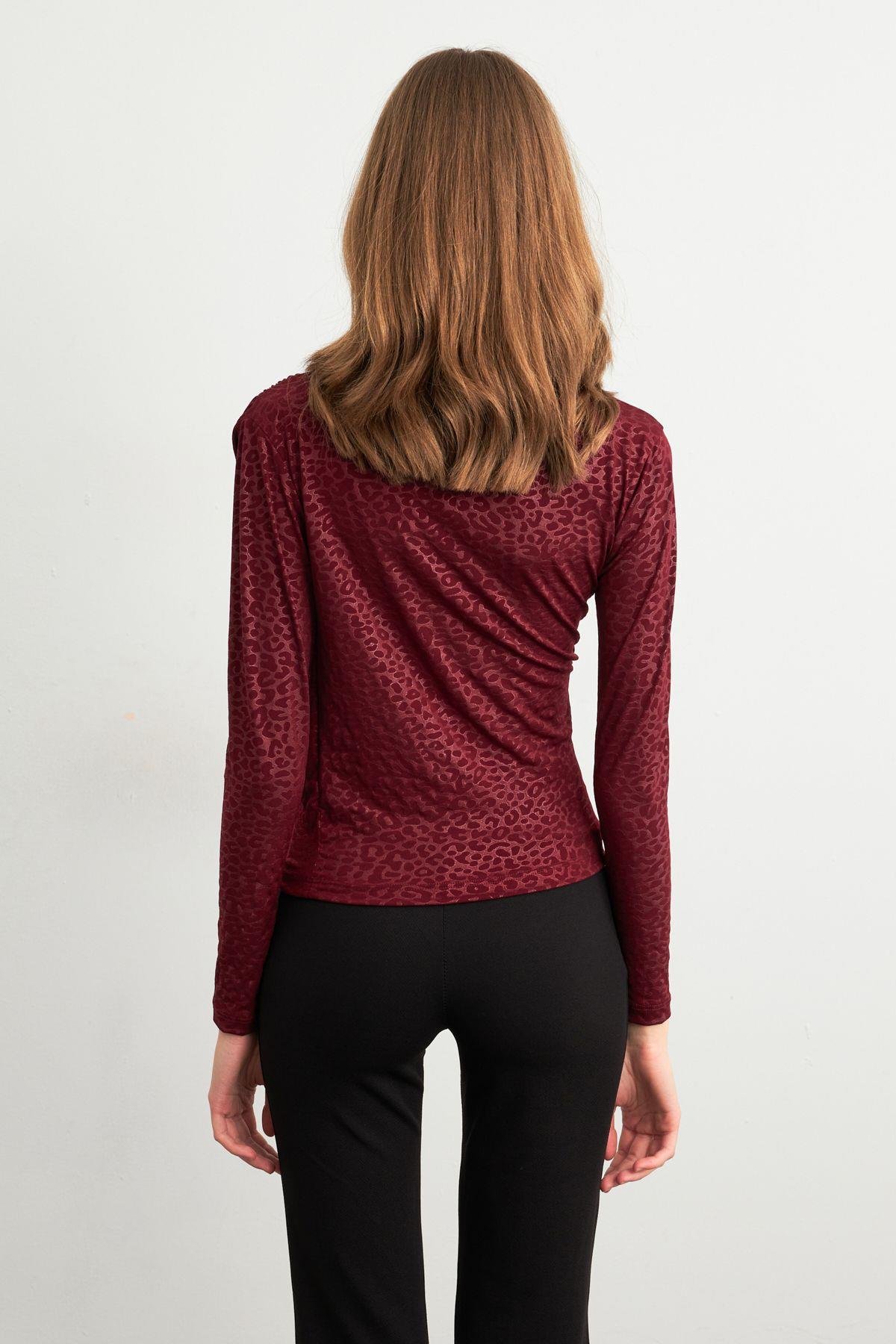Kadın Bordo Desenli Büzgülü Bluz LPP1299