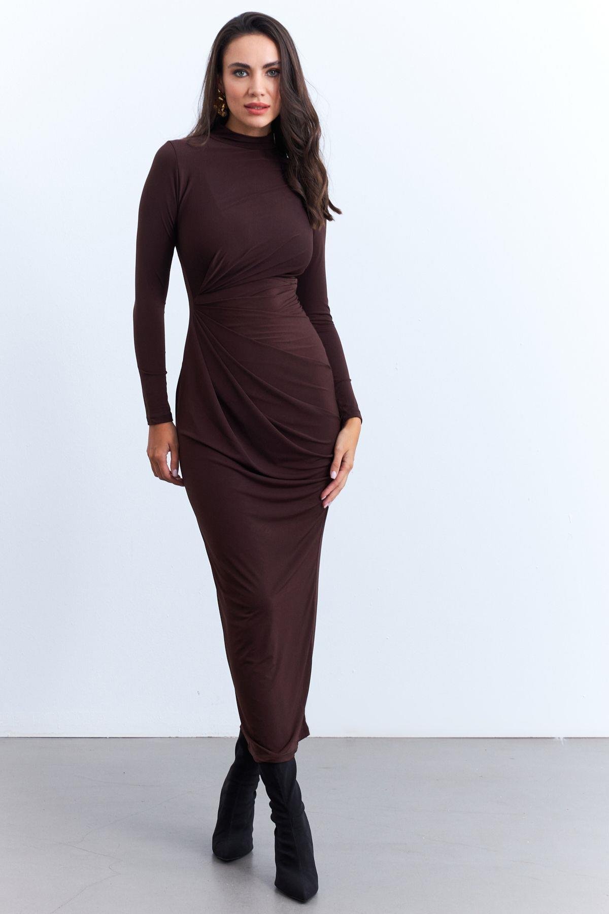 Kadın Bordo Drapeli Maxi Elbise LİK12