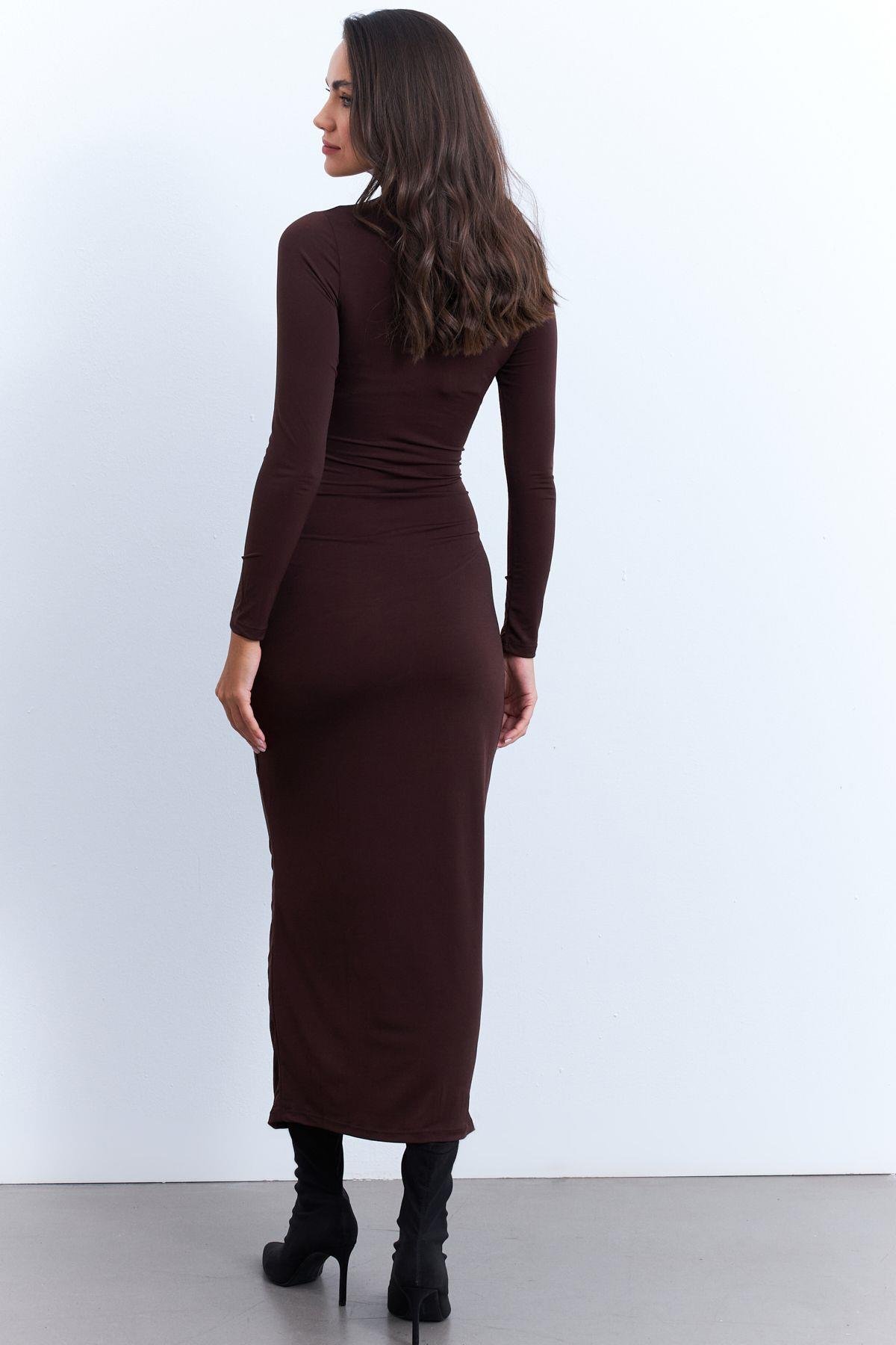 Kadın Bordo Drapeli Maxi Elbise LİK12