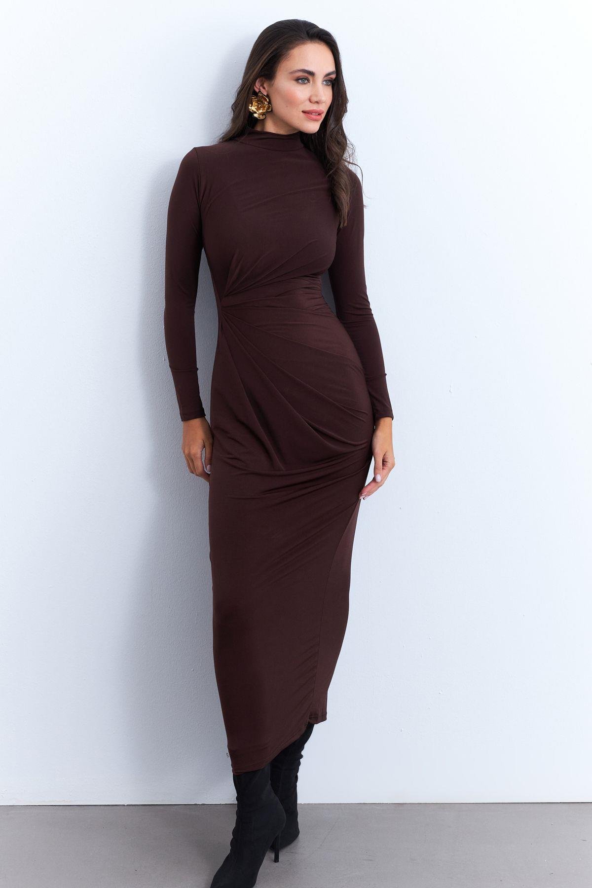 Kadın Bordo Drapeli Maxi Elbise LİK12